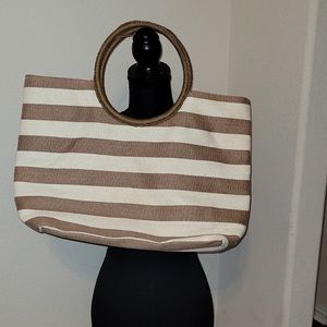 💕Neiman Marcus Brown/Ivory Striped Woven Straw Circle Handle Tote Beach